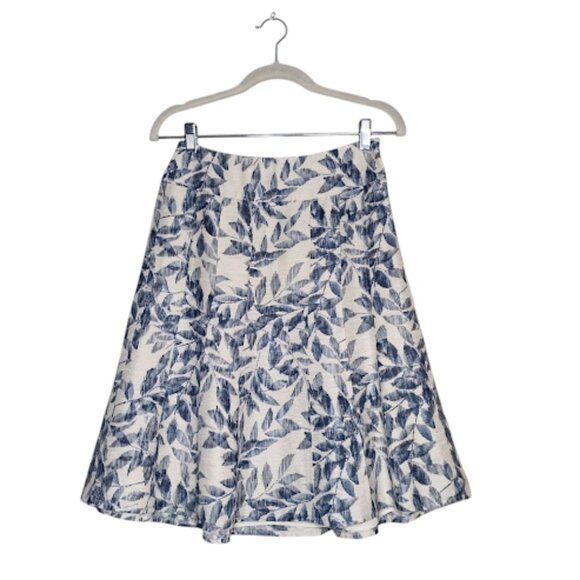 ANN TAYLOR Beige Silk Linen Blend Blue Leaf Print Knee Length A-Line Skirt 0 - Picture 2 of 12